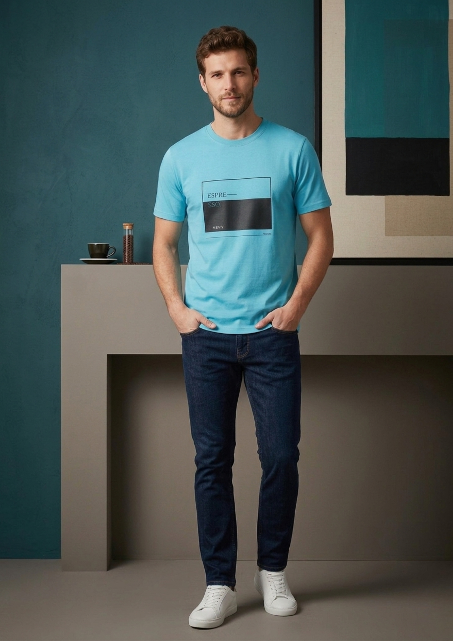 IZMANE Espresso Print Regular Fit T-Shirt – Casual Blue Tee