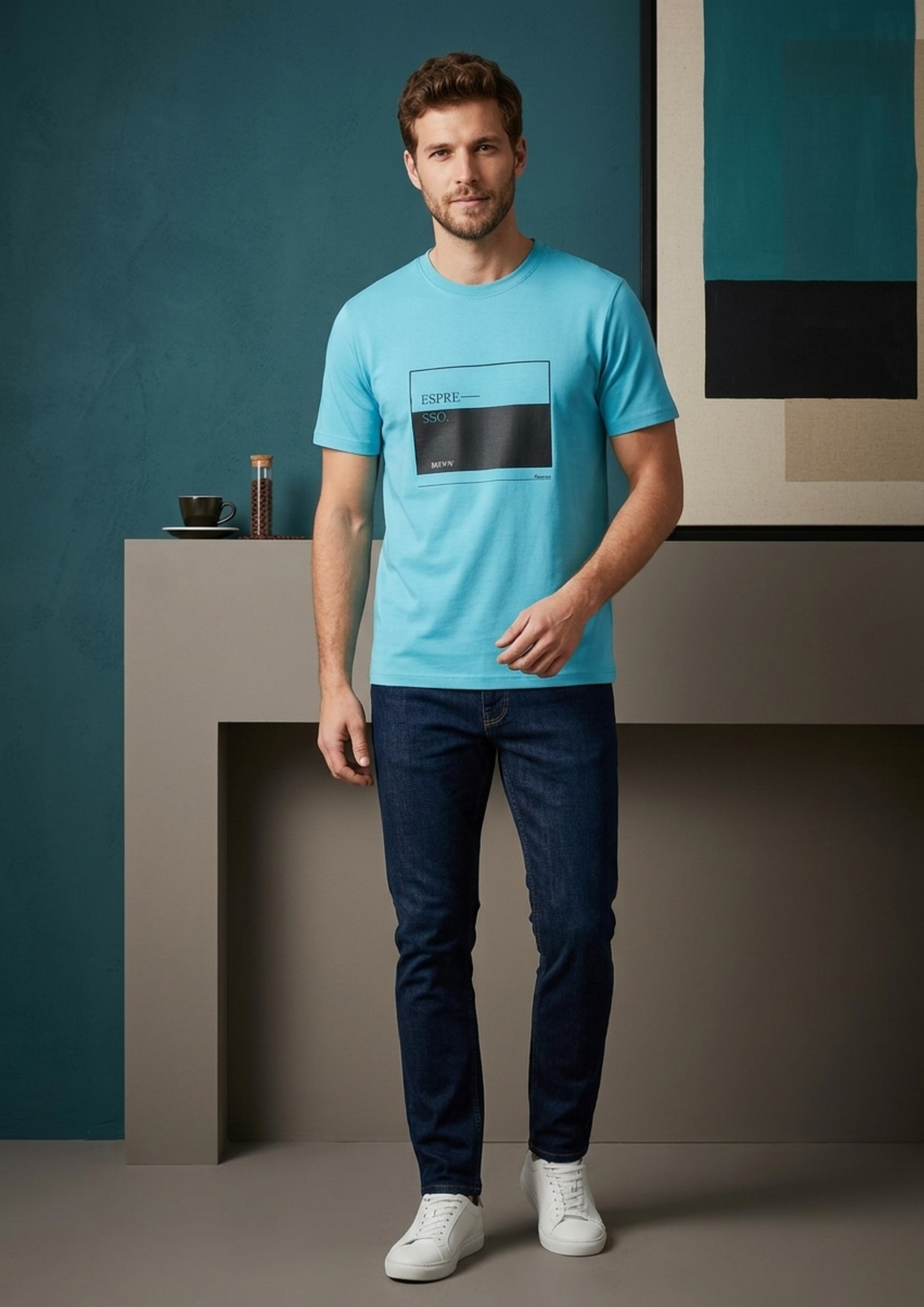 IZMANE Espresso Print Regular Fit T-Shirt – Casual Blue Tee
